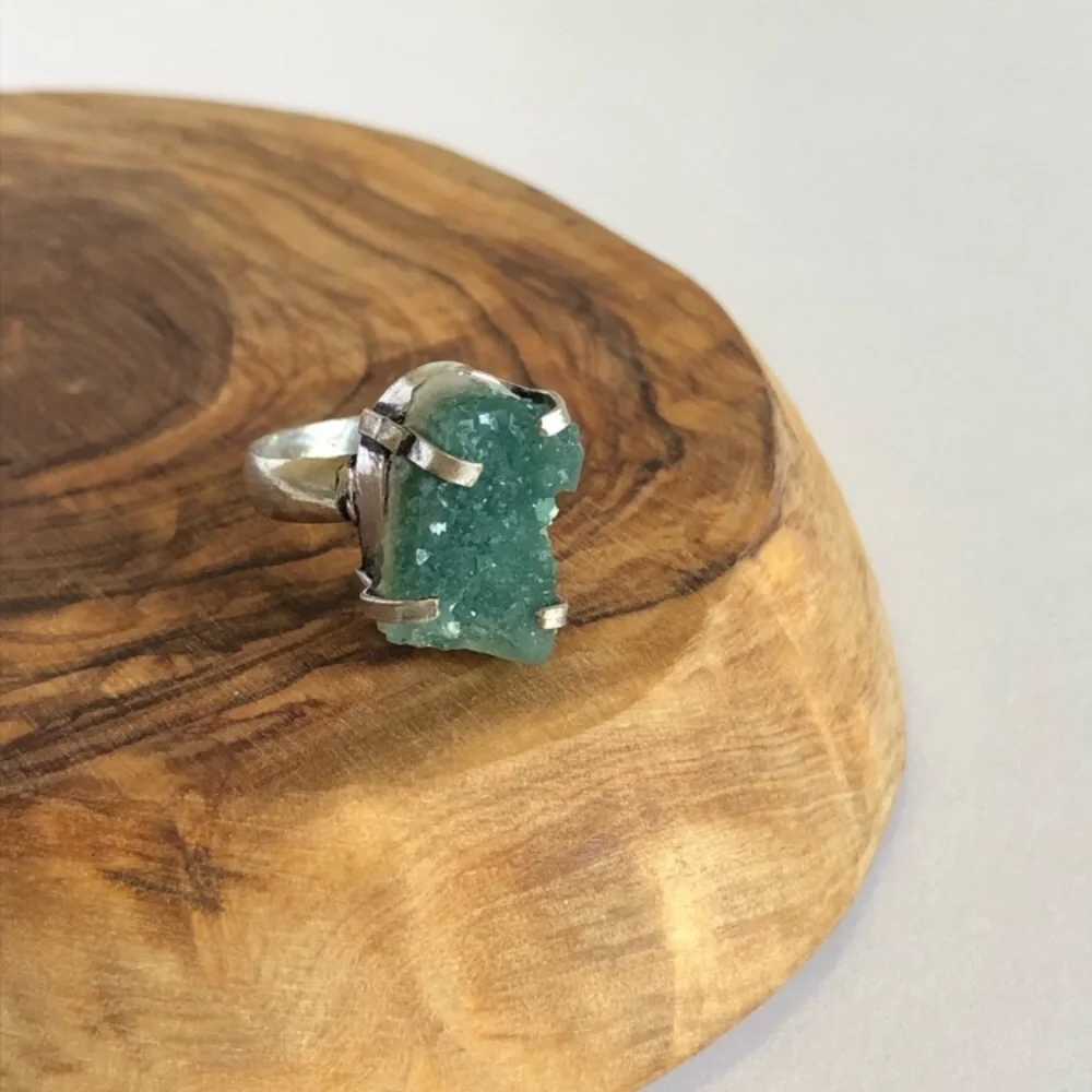 Green Druzy Silver Plated Ring